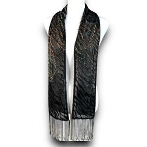Chicos Beaded Fringe Scarf Semi Sheer Black Brown Tiger Stripe Approx 56"x6"
